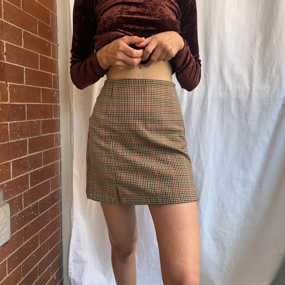 John Galt California Brown Plaid Mini Skirt High Waisted Front Slits XS